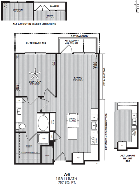 A floor plan for a 1 bedroom, 1 bath unit with an optional balcony.